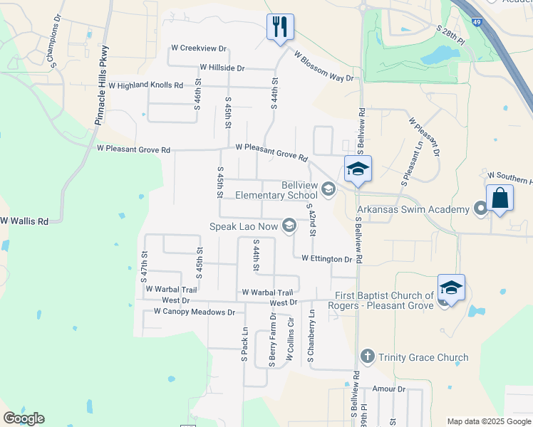 map of restaurants, bars, coffee shops, grocery stores, and more near 4313 West Arlington Drive in Rogers