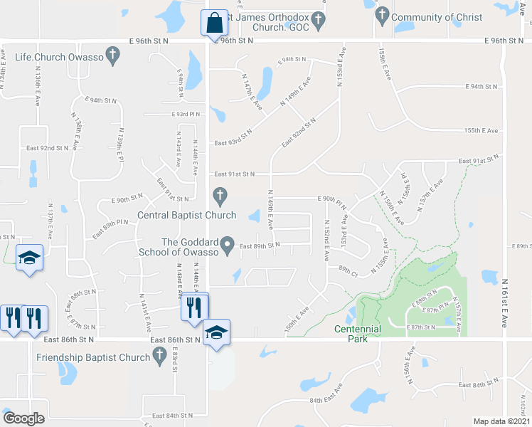 map of restaurants, bars, coffee shops, grocery stores, and more near 9000 North 149th East Avenue in Owasso