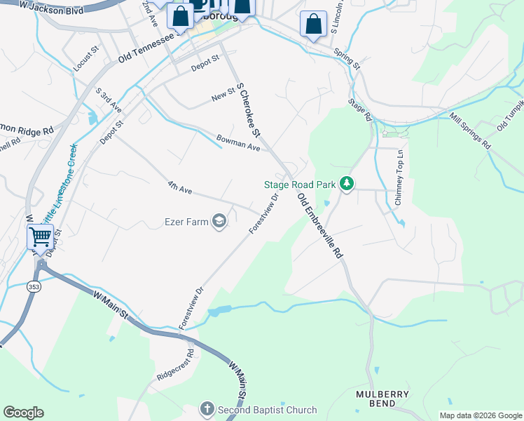 map of restaurants, bars, coffee shops, grocery stores, and more near 222 Forestview Drive in Jonesborough