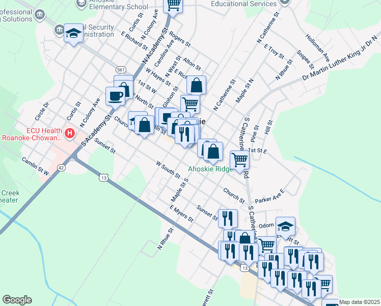map of restaurants, bars, coffee shops, grocery stores, and more near 204 Main Street in Ahoskie
