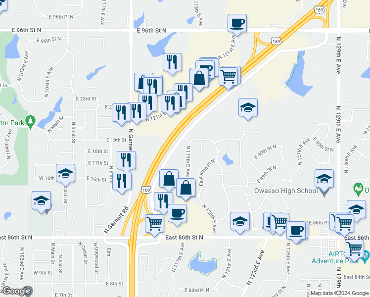 map of restaurants, bars, coffee shops, grocery stores, and more near 8926 North 119th East Avenue in Owasso