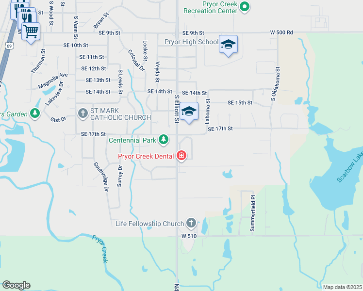 map of restaurants, bars, coffee shops, grocery stores, and more near 1707 South Elliott Street in Pryor