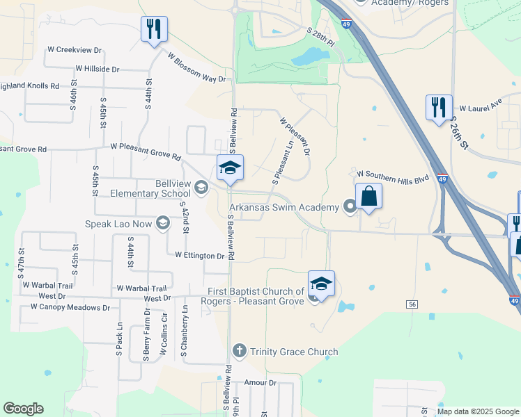 map of restaurants, bars, coffee shops, grocery stores, and more near 3702 West Legacy Lane in Rogers