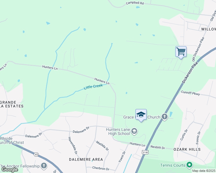 map of restaurants, bars, coffee shops, grocery stores, and more near 1321 Hunters Ln in Nashville