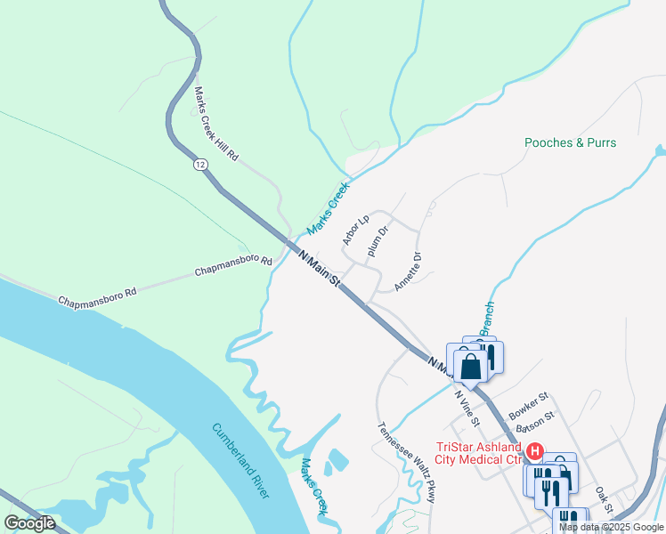 map of restaurants, bars, coffee shops, grocery stores, and more near 125 Arbor Loop in Ashland City