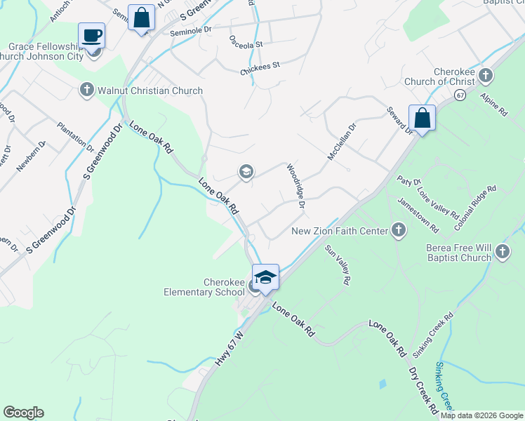 map of restaurants, bars, coffee shops, grocery stores, and more near 5 Bridgewood Court in Johnson City