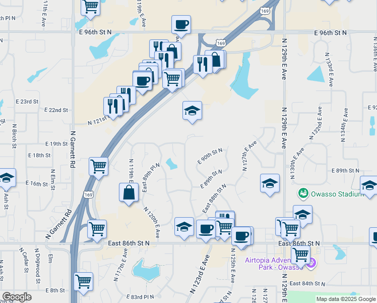 map of restaurants, bars, coffee shops, grocery stores, and more near 8925 North 123rd East Avenue in Owasso