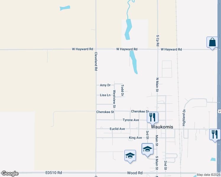 map of restaurants, bars, coffee shops, grocery stores, and more near 411 Westview Street in Waukomis