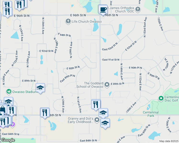 map of restaurants, bars, coffee shops, grocery stores, and more near 8926 North 143rd East Avenue in Owasso