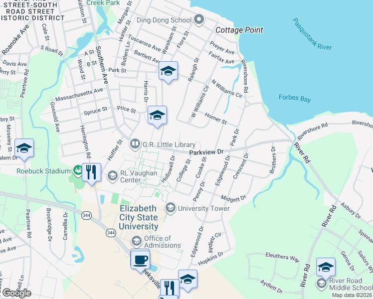 map of restaurants, bars, coffee shops, grocery stores, and more near 1206 Parkview Drive in Elizabeth City