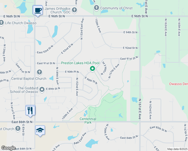 map of restaurants, bars, coffee shops, grocery stores, and more near 9007 North 154th East Court in Owasso