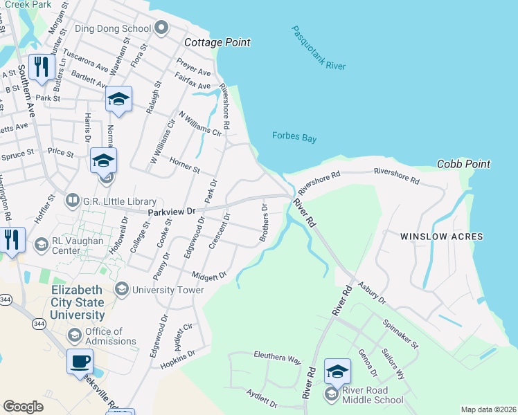 map of restaurants, bars, coffee shops, grocery stores, and more near 1609 Parkview Drive in Elizabeth City