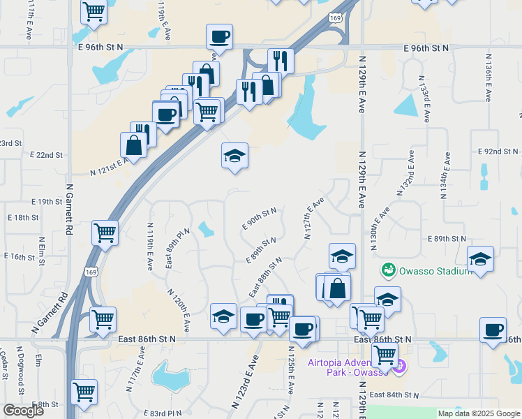 map of restaurants, bars, coffee shops, grocery stores, and more near 12414 East 90th Street North in Owasso