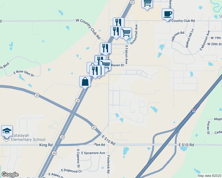 map of restaurants, bars, coffee shops, grocery stores, and more near 2217 Southwest Quail Run Drive in Claremore