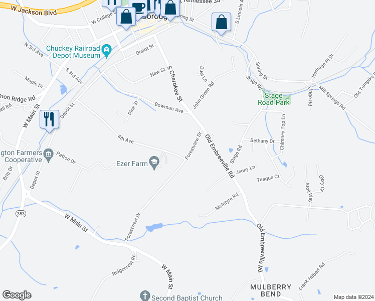 map of restaurants, bars, coffee shops, grocery stores, and more near 228 Forestview Drive in Jonesborough