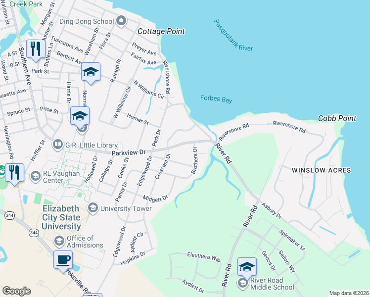 map of restaurants, bars, coffee shops, grocery stores, and more near 1609 Parkview Drive in Elizabeth City