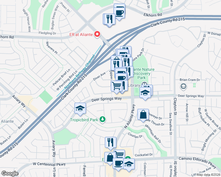 map of restaurants, bars, coffee shops, grocery stores, and more near 2813 Dowitcher Avenue in North Las Vegas