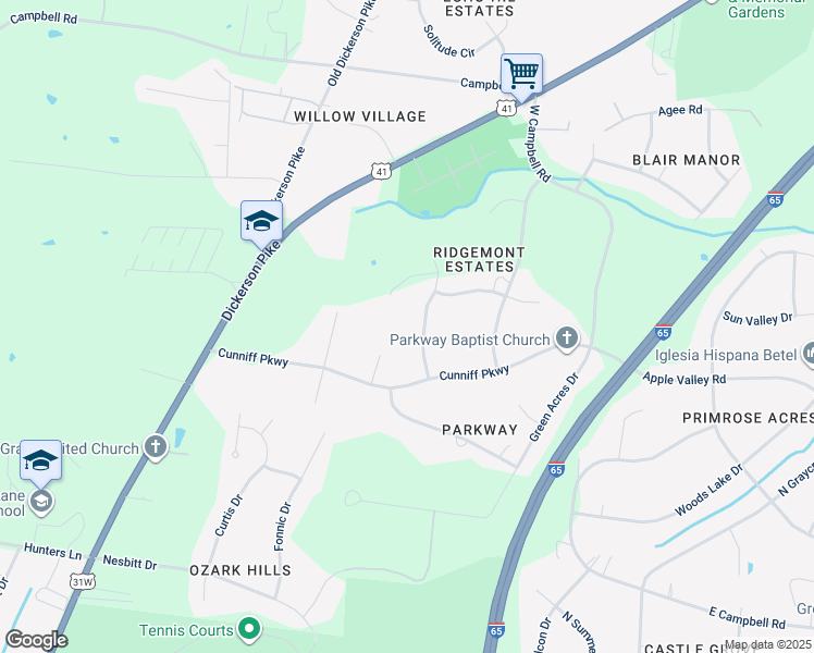 map of restaurants, bars, coffee shops, grocery stores, and more near 608 Trebor Drive in Goodlettsville