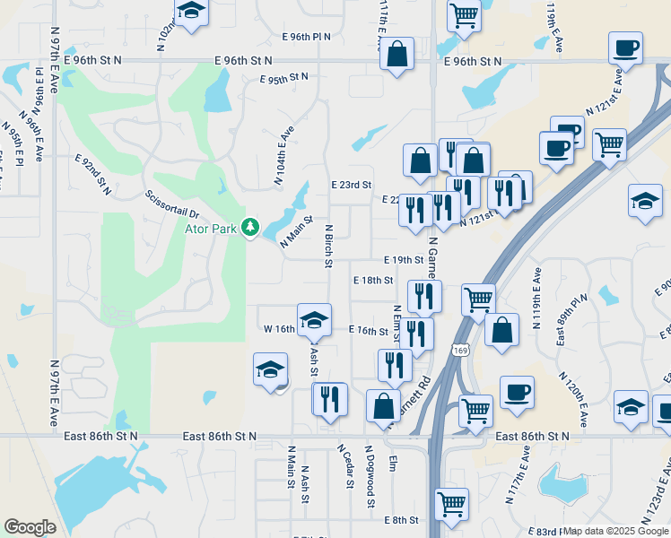 map of restaurants, bars, coffee shops, grocery stores, and more near 1807 N Birch St in Owasso