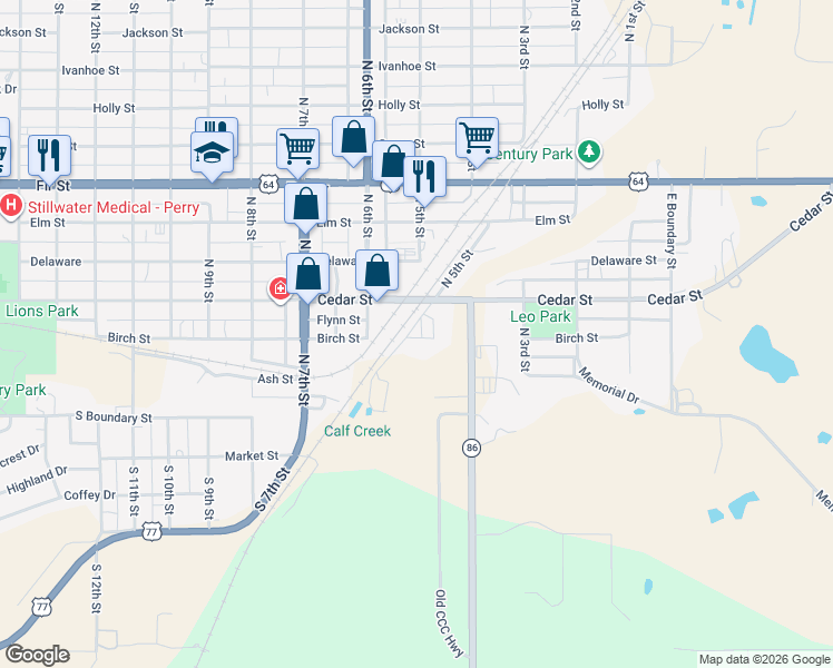 map of restaurants, bars, coffee shops, grocery stores, and more near 501 Birch Street in Perry
