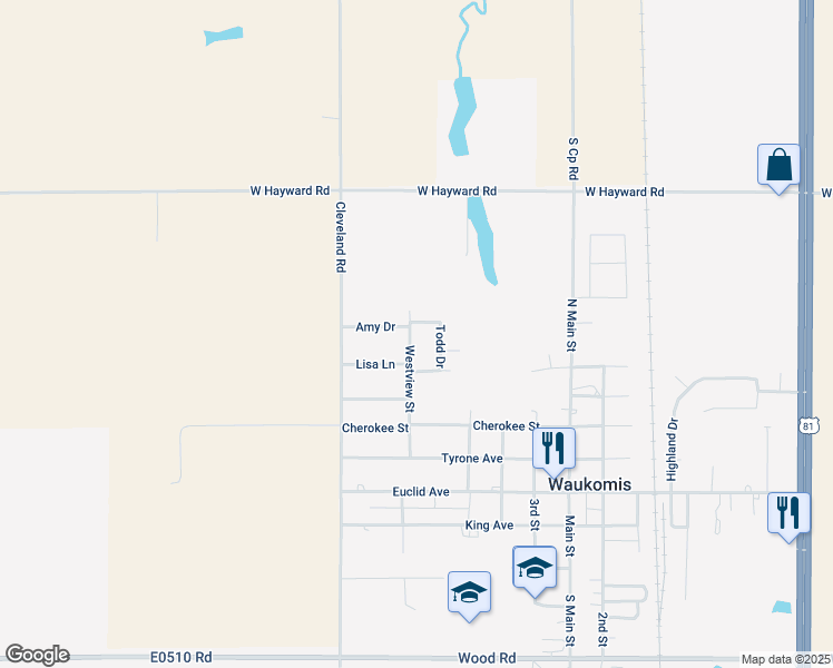 map of restaurants, bars, coffee shops, grocery stores, and more near 411 Westview Street in Waukomis