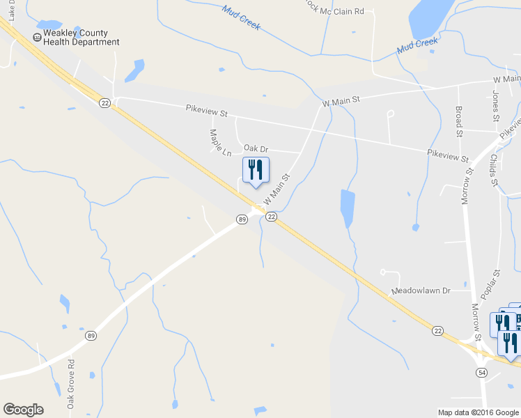 map of restaurants, bars, coffee shops, grocery stores, and more near Tennessee 22 & Tennessee 89 in Dresden