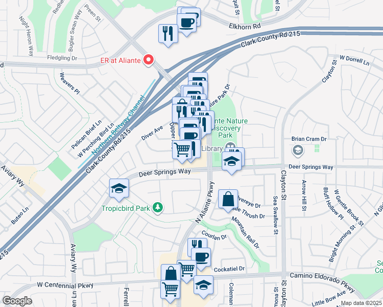 map of restaurants, bars, coffee shops, grocery stores, and more near 6855 North Aliante Parkway in North Las Vegas