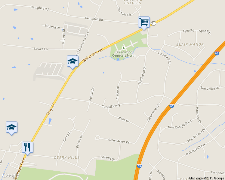 map of restaurants, bars, coffee shops, grocery stores, and more near 608 Trebor Drive in Goodlettsville