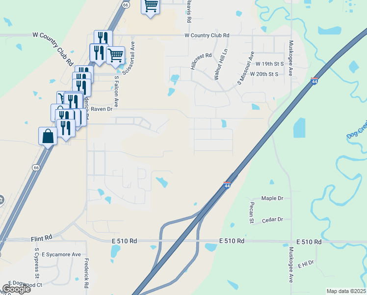map of restaurants, bars, coffee shops, grocery stores, and more near 1300 Southwest Elk Trail in Claremore