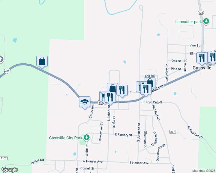 map of restaurants, bars, coffee shops, grocery stores, and more near 100 North School Place in Gassville