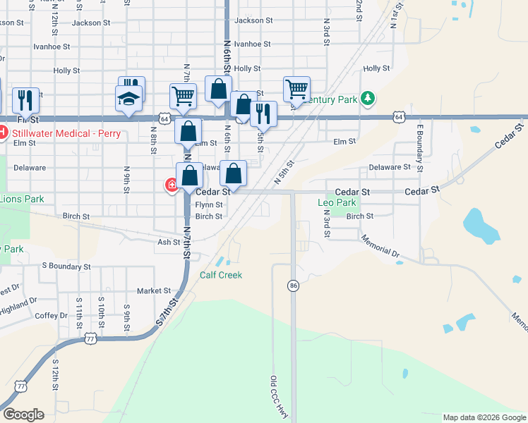 map of restaurants, bars, coffee shops, grocery stores, and more near 501 Birch Street in Perry