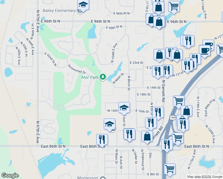 map of restaurants, bars, coffee shops, grocery stores, and more near 1804 North Main Street in Owasso