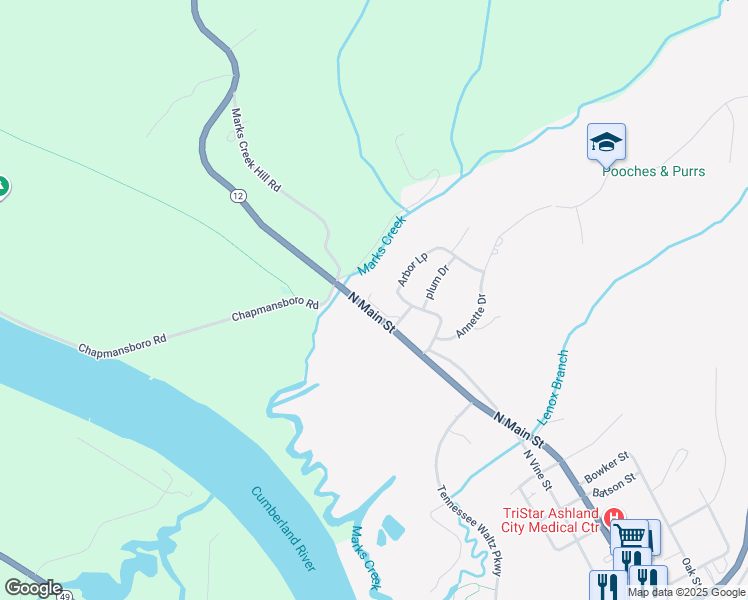 map of restaurants, bars, coffee shops, grocery stores, and more near 1212 North Main Street in Ashland City