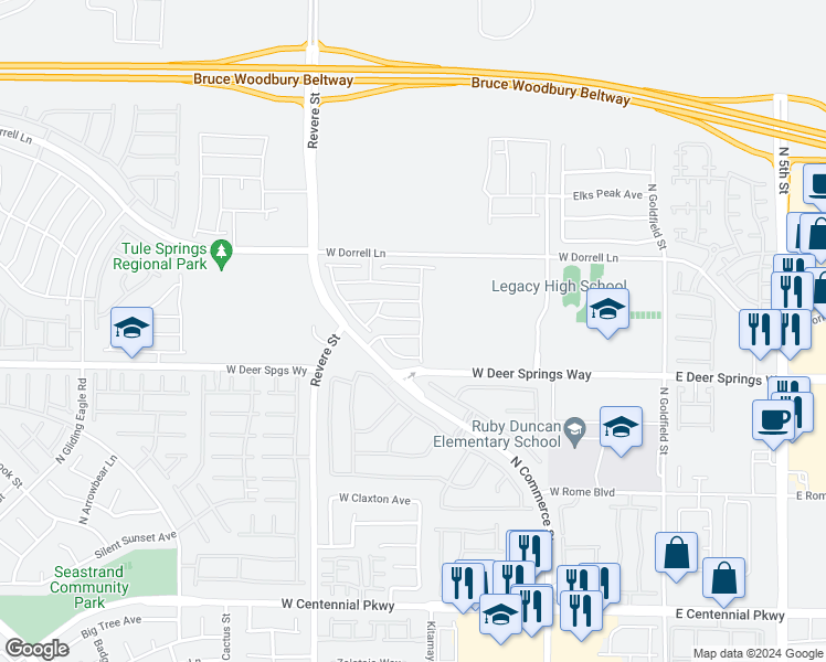 map of restaurants, bars, coffee shops, grocery stores, and more near 520 Front Range Lane in North Las Vegas