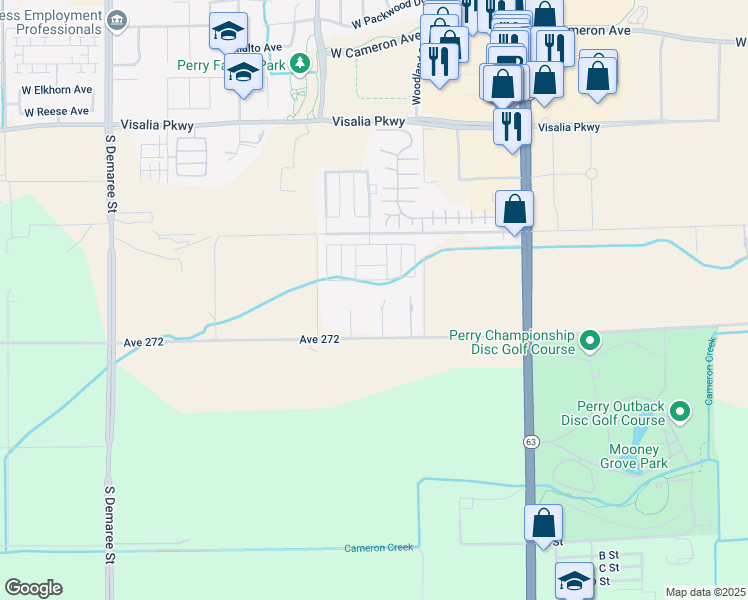 map of restaurants, bars, coffee shops, grocery stores, and more near 11266 Avenue 272 in Visalia