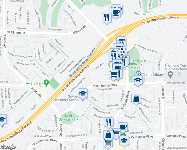 map of restaurants, bars, coffee shops, grocery stores, and more near 6834 North Dovecote Avenue in North Las Vegas