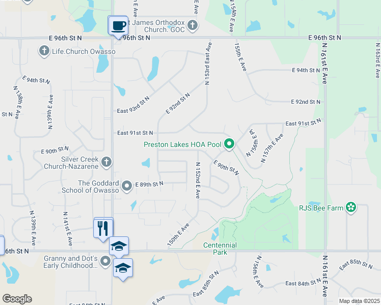 map of restaurants, bars, coffee shops, grocery stores, and more near 15104 East 90th Place North in Owasso