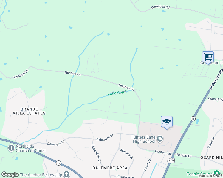 map of restaurants, bars, coffee shops, grocery stores, and more near 1420-1448 Hunters Lane in Nashville