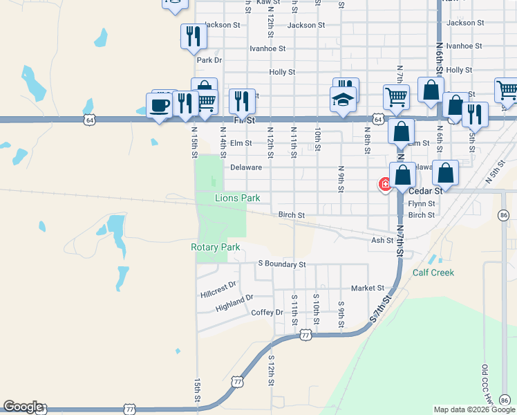 map of restaurants, bars, coffee shops, grocery stores, and more near 208 North 13th Street in Perry