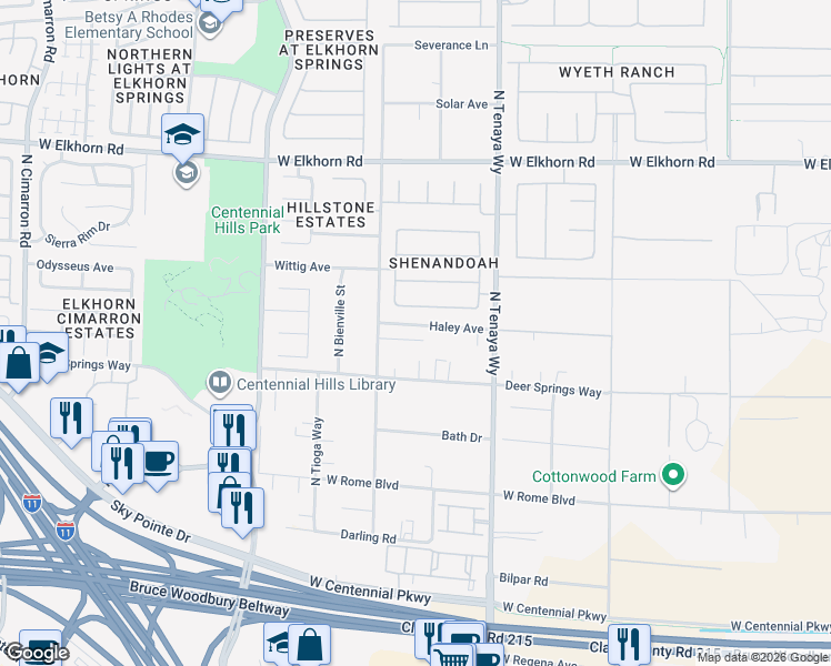map of restaurants, bars, coffee shops, grocery stores, and more near 7354 Dream Weaver Court in Las Vegas