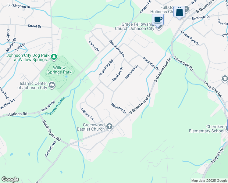map of restaurants, bars, coffee shops, grocery stores, and more near 2998 Newbern Drive in Johnson City