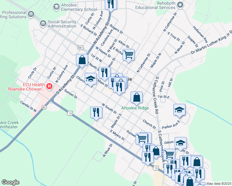 map of restaurants, bars, coffee shops, grocery stores, and more near 106 Main Street in Ahoskie