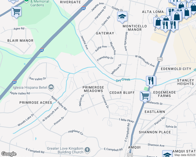map of restaurants, bars, coffee shops, grocery stores, and more near 1211 North Graycroft Avenue in Nashville