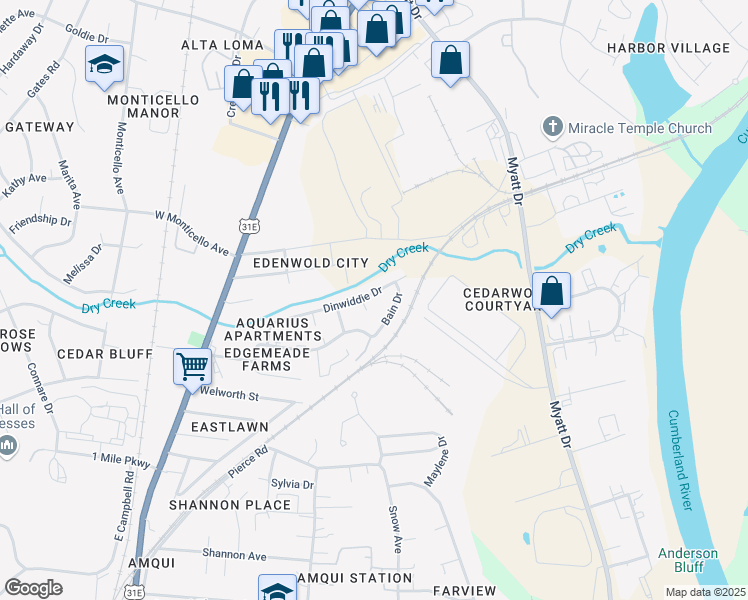 map of restaurants, bars, coffee shops, grocery stores, and more near 328 Dinwiddie Drive in Nashville