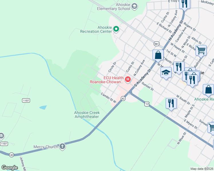 map of restaurants, bars, coffee shops, grocery stores, and more near 620 South Pembroke Avenue in Ahoskie
