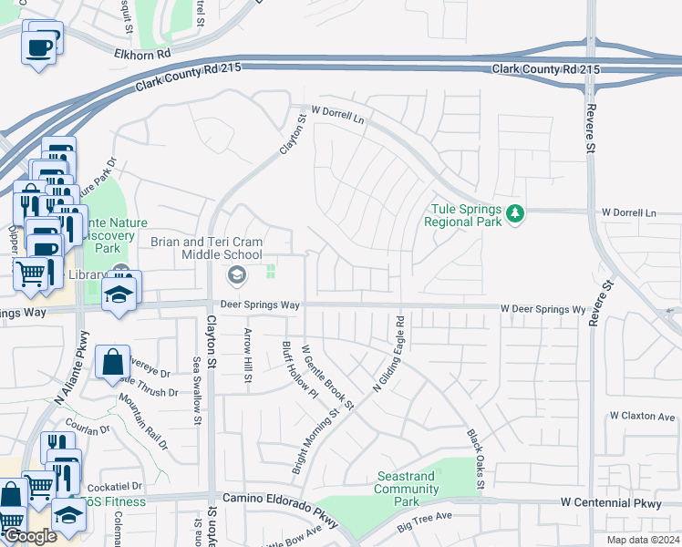 map of restaurants, bars, coffee shops, grocery stores, and more near 6842 Fallen Rock Street in North Las Vegas