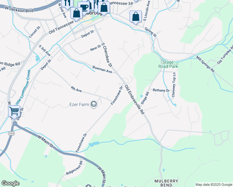 map of restaurants, bars, coffee shops, grocery stores, and more near 228 Forestview Drive in Jonesborough