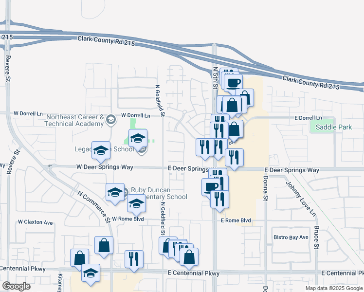map of restaurants, bars, coffee shops, grocery stores, and more near 121 Stablewood Court in North Las Vegas