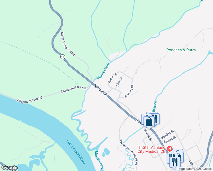 map of restaurants, bars, coffee shops, grocery stores, and more near 125 Arbor Loop in Ashland City