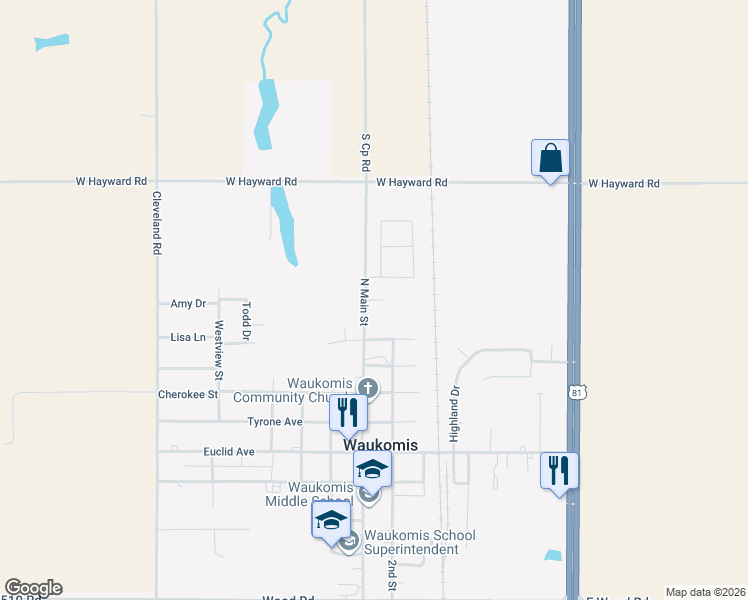 map of restaurants, bars, coffee shops, grocery stores, and more near Hamlet Street in Waukomis